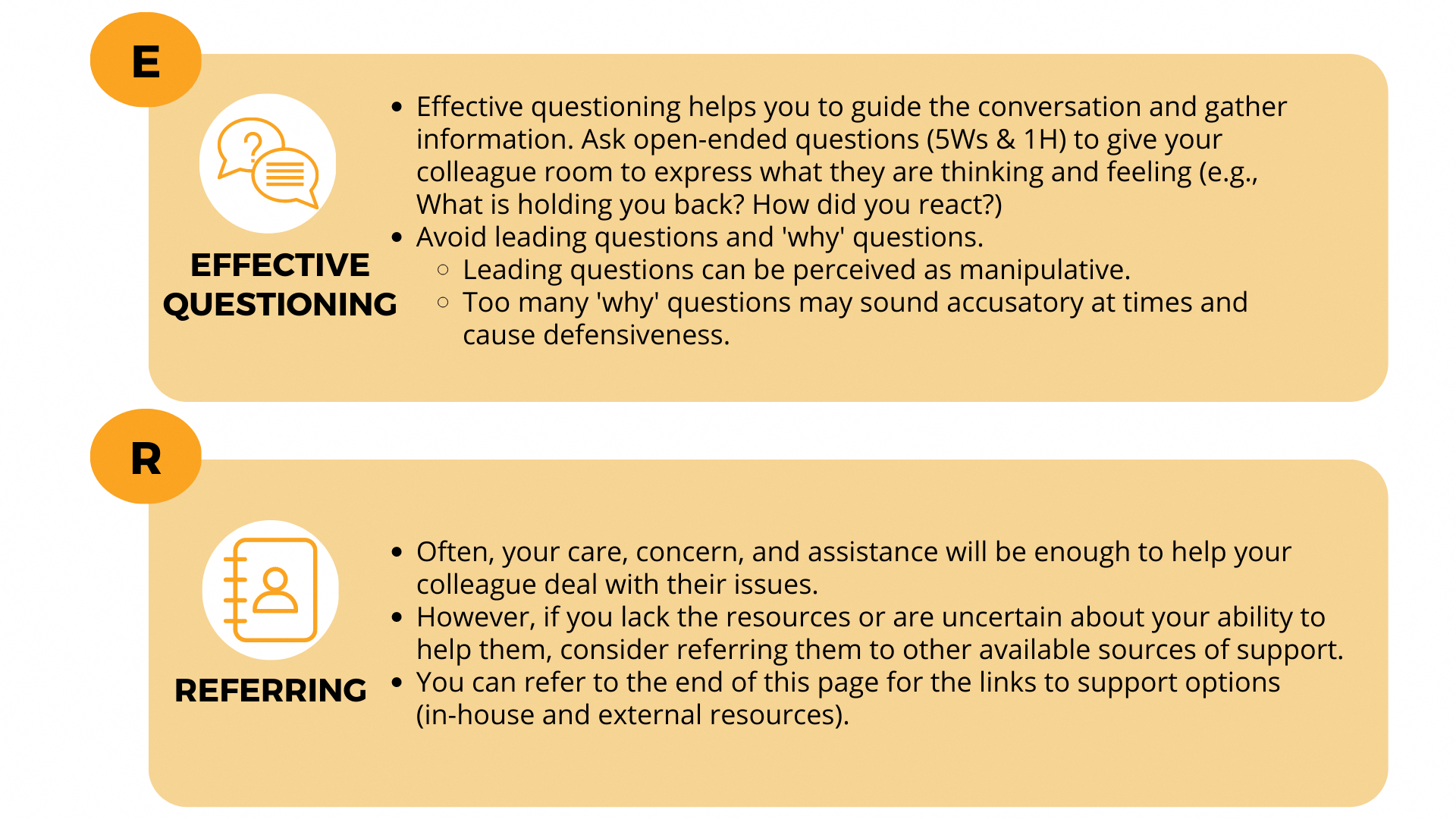 Graphic showing "ALERT (Attending, Listening, Effective Questioning, Referral, and Timely Intervention)" framework for supporting colleagues in distress.